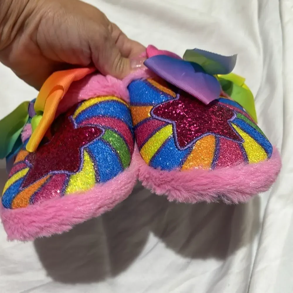 Rainbow slippers 13/1 worn once bows and glitter soft furry rubber soles
